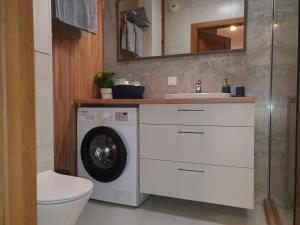 een badkamer met een wasmachine en een wastafel bij Apartament 45 in Wrocław
