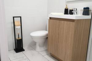 La salle de bains est pourvue de toilettes blanches et d'un lavabo. dans l'établissement Escapade détente au cœur de Pamiers, à Pamiers