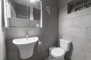 a bathroom with a sink and a toilet and a mirror at Sotiria house apartment sea view lovely garden in Ierissos
