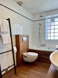ein Badezimmer mit einem WC, einer Badewanne und einem Waschbecken in der Unterkunft FeWo Rosenstraße - Exklusive Ferienwohnung im Herzen von Tegernsee in Tegernsee