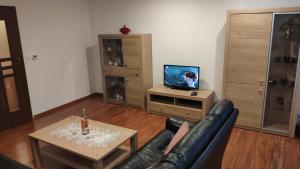 a living room with a leather couch and a television at Ubytovanie u Grošíka in Oščadnica