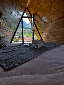 a room with a bed with a large window at Alagi Cottage Kazbegi in Stepantsminda