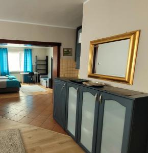 a living room with a mirror on the wall at Apartament Brzoza Bydgoska in Brzoza