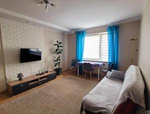 a bedroom with a bed and a flat screen tv at Apartament Brzoza Bydgoska in Brzoza