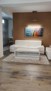 ein Wohnzimmer mit einem weißen Sofa und einem Gemälde in der Unterkunft Apartmani Gandi in Bihać