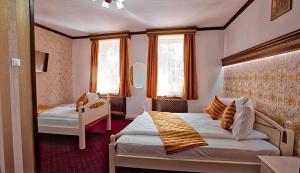 Habitación de hotel con 2 camas y 2 ventanas en Pensiunea Sibiana en Sibiu