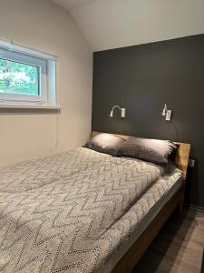 una camera da letto con un letto con due luci sopra di Vecliepas a Vārve