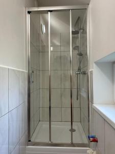 una doccia con porta in vetro in bagno di Vecliepas a Vārve