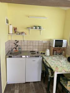 a kitchen with a counter and a table with a sink at NEUTRINO VENDÉGHÁZ in Zánka