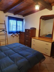 sypialnia z niebieskim łóżkiem, komodą i lustrem w obiekcie Casa intera indipendente con giardino privato w mieście Imperia