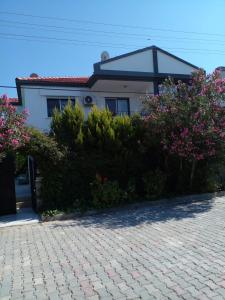 a house with flowers in front of a brick driveway at Luxury villa 3 bedrooms swimming pool in Cesme
