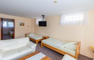 a living room with two couches and a tv at Déli Terasz B Apartman Free parking, self-check-in anytime in Győr