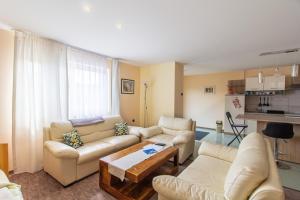 Sala de estar con sofás y mesa de centro en Déli Terasz B Apartman Free parking, self-check-in anytime, en Győr