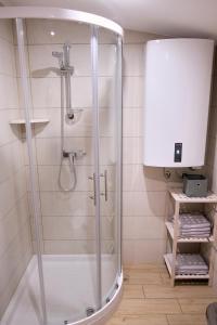 a shower with a glass enclosure in a bathroom at Wooden house Ažbe in Bled