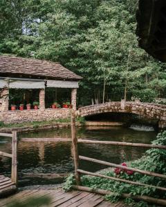 a stone bridge over a pond with a gazebo at Farma Sotira in Leskovik