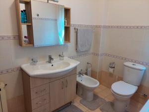 bagno con lavandino, servizi igienici e specchio di Casa Marina a Linguaglossa
