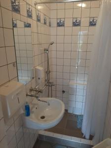 a white bathroom with a sink and a shower at Dom wypoczynkowy Led in Gdańsk