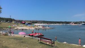 um grupo de pessoas em uma praia com um barco na água em Tulip em Ližnjan