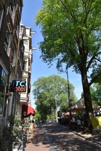 una calle en una ciudad con un árbol y edificios en ITC Hotel, en Ámsterdam