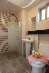 a bathroom with a toilet and a sink and a shower at Capri Hakdong Pension in Geoje 