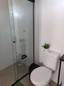 La salle de bains est pourvue de toilettes et d'une douche en verre. dans l'établissement Maga hospedagem, à Penha