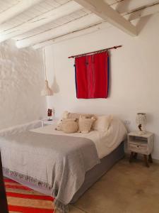 a bedroom with a bed with a red curtain at Los tarcos Guest House TILCARA LOFT in Tilcara