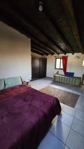 a large bedroom with a purple bed and a couch at Kairos Cabañas in Las Compuertas
