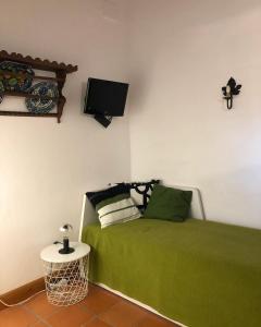 a bedroom with a green bed with a tv on the wall at Quinta da Trombeta in Borba