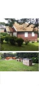 dos fotos de una casa y un patio en Chale de Madeira - Lareira e Fogueira---lindo gramado com mesa para café da manhã, churrasqueira e fogueira, en Campos do Jordão