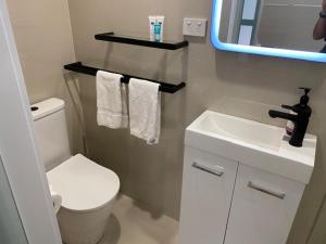 een badkamer met een toilet, een wastafel en een spiegel bij Bayona 1 Little Cove in Noosa Heads