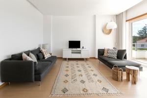 a living room with a black couch and a tv at Terraço da Formosa in Silveira