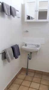 ein Badezimmer mit einem Waschbecken, einem Spiegel und Handtüchern in der Unterkunft Burdekin Motor Inn in Home Hill