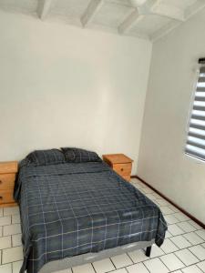 a bedroom with a bed with a blue plaid blanket at Casa Lili in Cuernavaca