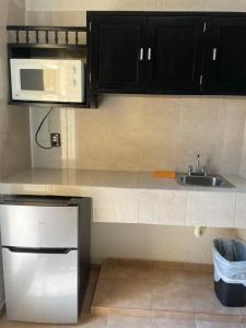 a kitchen with a sink and a microwave at Suites Los Arcos in Isla Mujeres