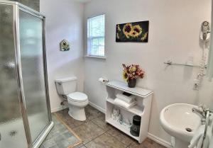 een badkamer met een toilet, een wastafel en een douche bij Oak Crest – Mountain Chalet/#9 in Eureka Springs