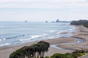 a beach with people on the sand and the ocean at Oakura Beach Front Apartments in Oakura