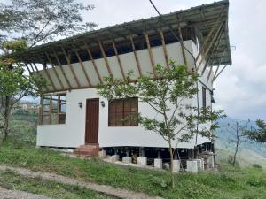 ein kleines weißes Haus mit einem Baum davor in der Unterkunft Cabaña el Ensueño (GUADUA, BAMBU) in Pereira