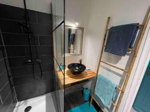 une salle de bain avec un lavabo et une douche en verre dans l'établissement La Perle Iléenne, vue imprenable sur la mer., à Les Trois-Îlets
