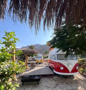 a red and white van parked under a palm tree at Ein Gedi Camp Lodge in Ein Gedi