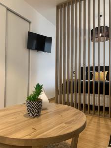 a wooden table with a potted plant on top of it at Departamento en Recoleta in Buenos Aires