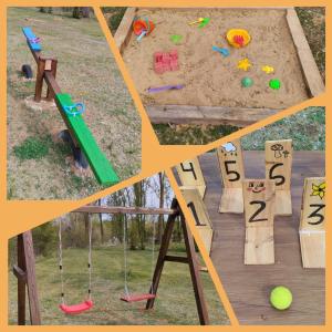 a collage of four pictures of a sandbox with swings at Finca Paraíso Rural in El Burgo de Osma