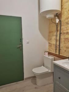 baño con aseo y puerta verde en appartement, en Limeyrat