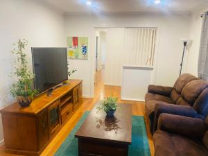 a living room with a couch and a television at Cottage with ample outdoor area in Berwick