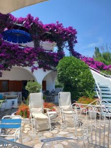 a group of chairs and an umbrella and purple flowers at Achladies Beach Apartment in Skiathos