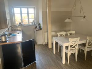 a kitchen and dining room with a table and chairs at Große Ferienwohnung im Landhaus Labes (Stechlinsee) in Neuglobsow