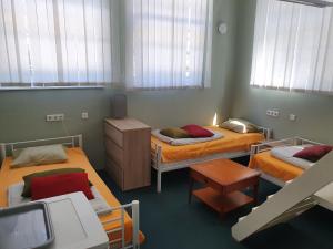 Habitación con 3 camas y mesa. en Freedom65 Hostel and Caravan, en Tallin