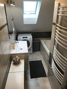 a bathroom with a sink and a washing machine at Riverside Habovka in Habovka