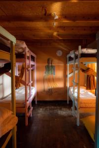 Zimmer mit 2 Etagenbetten und einem Gemälde an der Wand in der Unterkunft Nomad Hostel in Nimrod