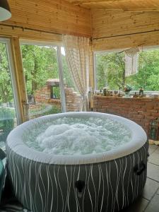 a large hot tub in a room with windows at The Little Blue House in Reşiţa