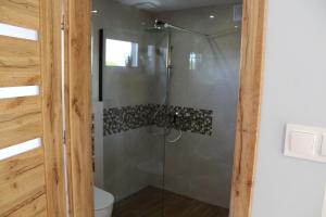 een douche met een glazen deur in de badkamer bij Domki Morskie in Władysławowo